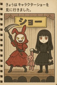 「写真の説明」Be My AI ノートに描かれたイラストページ。舞台の上に2人のキャラクターが立っています。左側は赤いドレスを着たウサギの着ぐるみキャラクターで、鋭い黄色い目と大きな口で笑い、右手に大きな鎌を持っています。右側は黒いワンピースを着た無表情の女の子で、赤い目をしており、左手でピンク色のウサギのぬいぐるみを持っています。背景には「ショー」と書かれた黄色い看板が掲げられています。ページ上部には「きょうはキャラクターショーを見に行きました。」と書かれています。