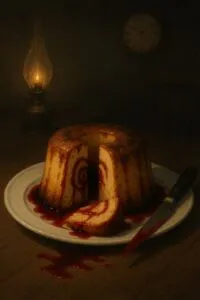 「写真の説明」Be My AI　ケーキの写真。中央に丸いバウムクーヘンのようなケーキが白いお皿に乗っていて、ケーキの一部がカットされています。ケーキの周りにはソースがかかっていて、カットされた一切れが手前に置かれています。右側にはナイフが見えます。背景は非常に暗く、左奥にぼんやりとしたランプの明かりが見えます。全体的に暗めの雰囲気です。