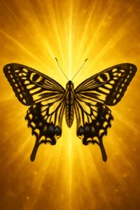 「写真の説明」Be My AI　黄色い光を背景にしたアゲハチョウのイラスト。蝶は羽を大きく広げており、黒と黄色の模様がはっきりと描かれています。背景は放射状に広がる明るい光で、幻想的な雰囲気です。