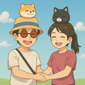 「写真の説明」2人の人物が手を繋いでいる姿