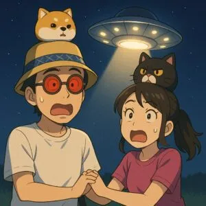 「写真の説明」2人の前にUFOが降りてくるシーン