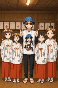 「写真の説明」アニメ風のイラスト画像が中央に表示されています。イラストには、中央に青い帽子とサングラスをかけた男性キャラクターが立っており、その周りには巫女装束（白い上着と赤い袴）を着た4人の少女たちが並んでいます。全員がカメラに向かってピースサインをしています。男性キャラクターのTシャツには、さらにアニメ風の女の子がプリントされています。背景は和風の建物の室内です。