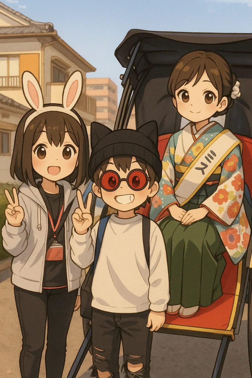 「写真の説明」神武さんで観光大使と記念写真を撮るマガンダと僕のアニメ画像