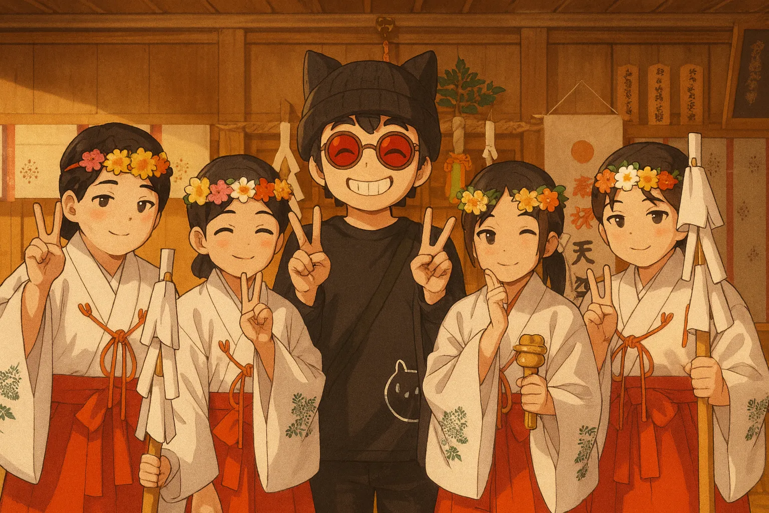 「写真の説明」けんじーまんが奈古神社の巫女と記念写真