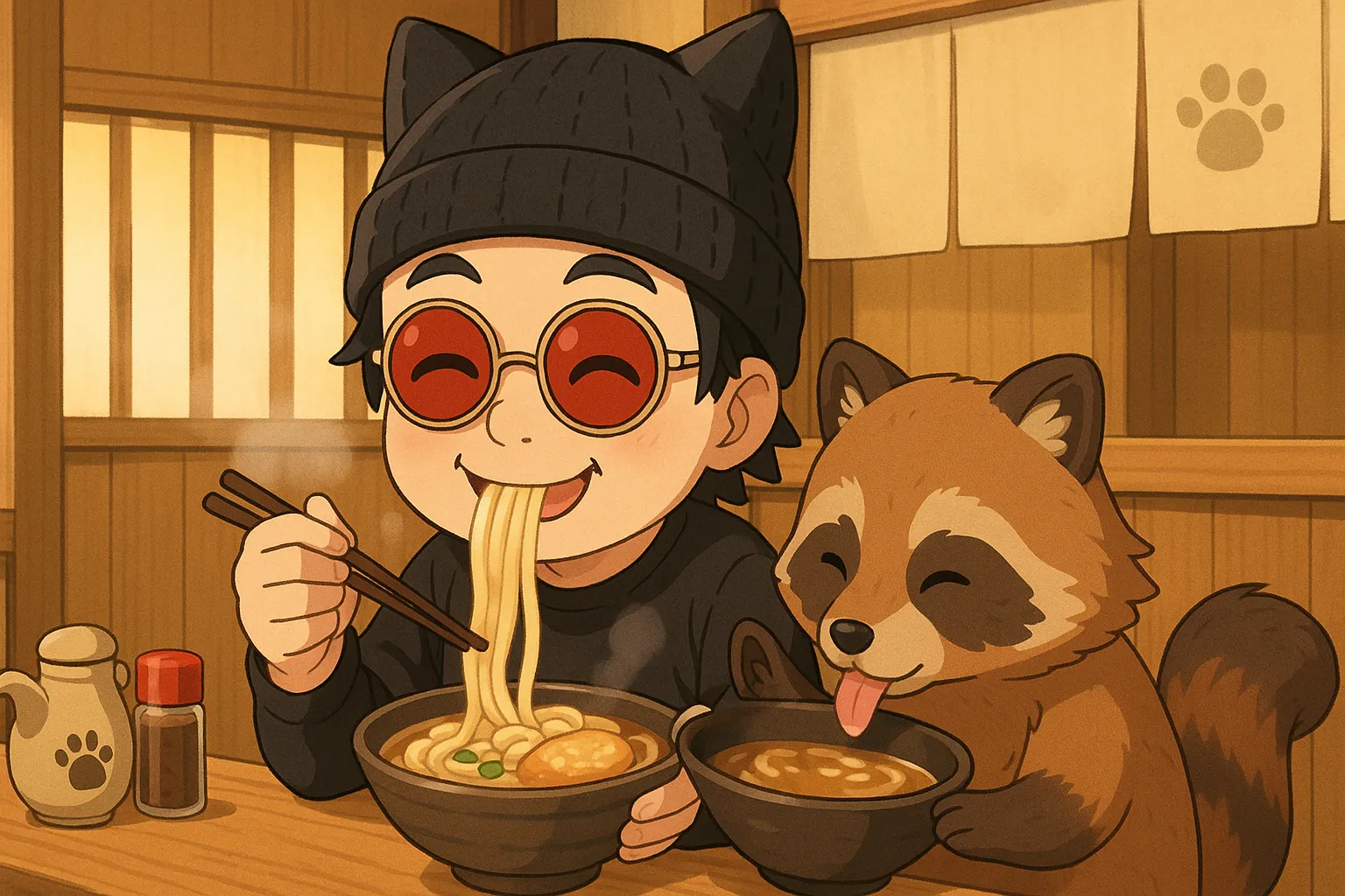 「写真の説明」けんじーまんがたぬきうどんを食べてる