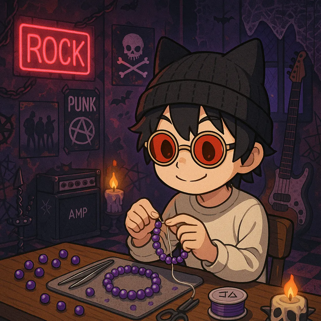 「写真の説明」けんじーまんがブレスレットを作っている風景