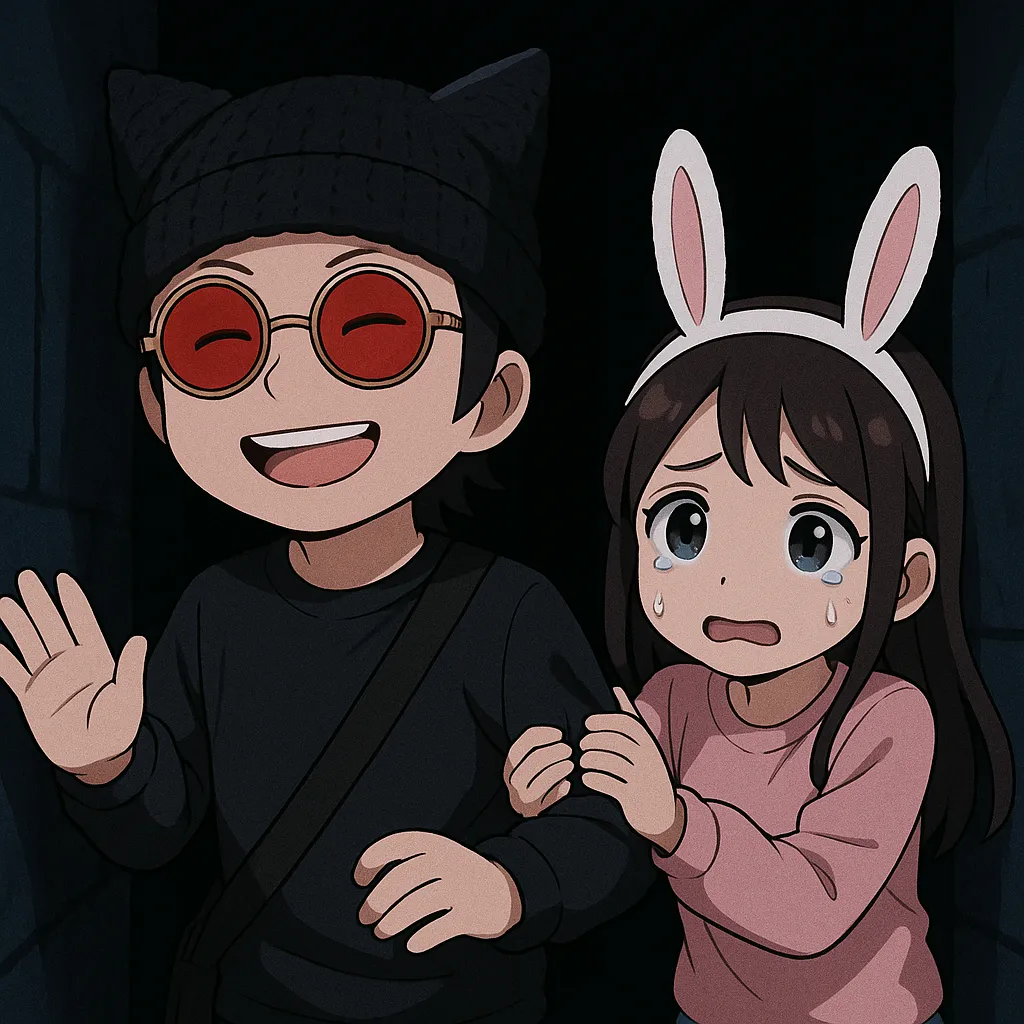 」写真の説明」けんじーまんとぽん子が真っ暗な迷路を進んでる