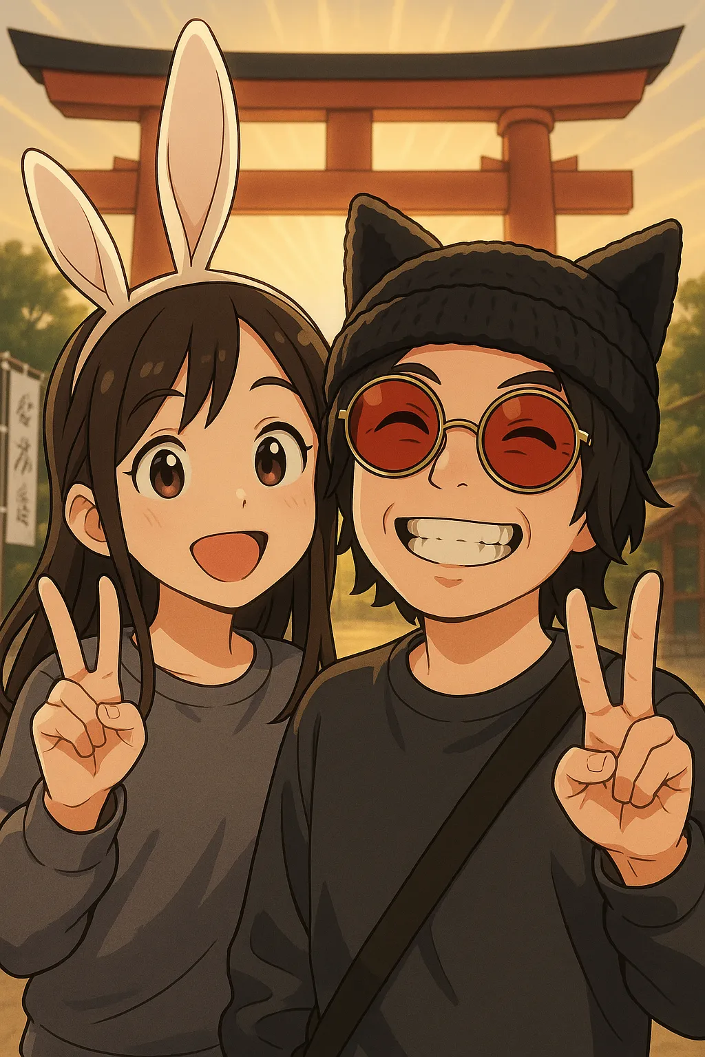 「写真の説明」鳥居の前で写真を撮るけんじーまん