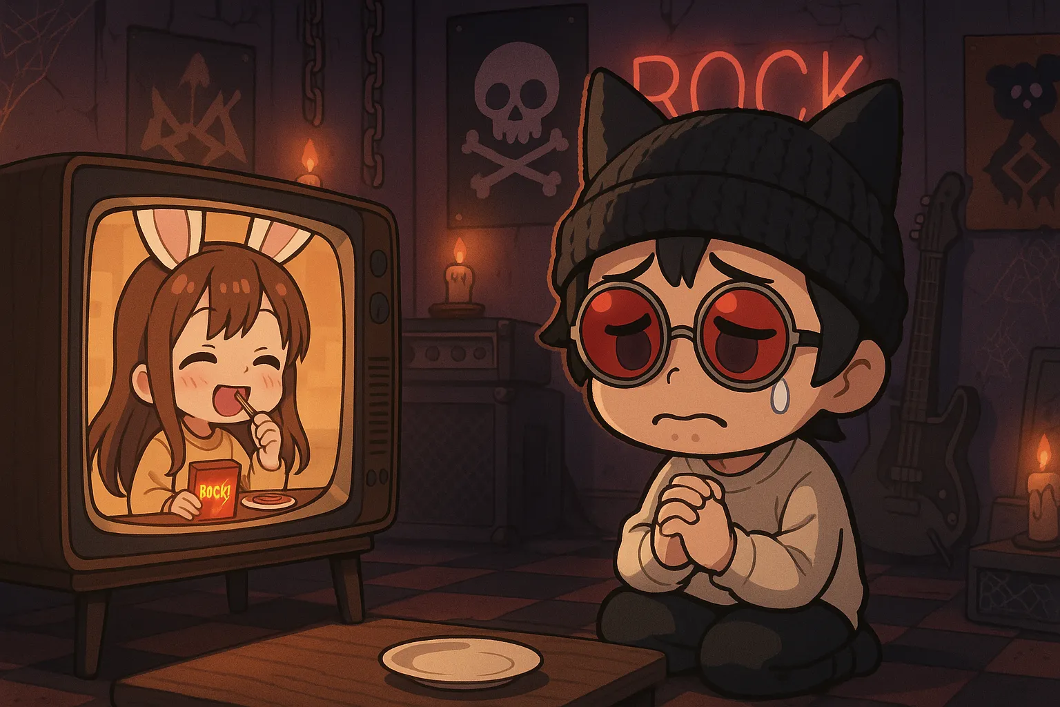 「写真の説明」ポッキーを食べるのを忘れたけんじーまんの様子