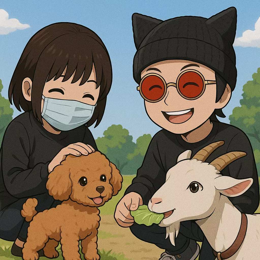 「写真の説明」ヤギと戯れるけんじーまん