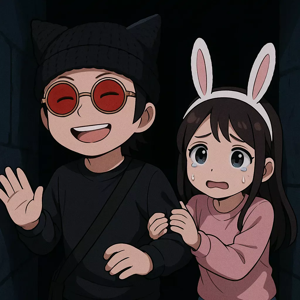 」写真の説明」けんじーまんとぽん子が真っ暗な迷路を進んでる