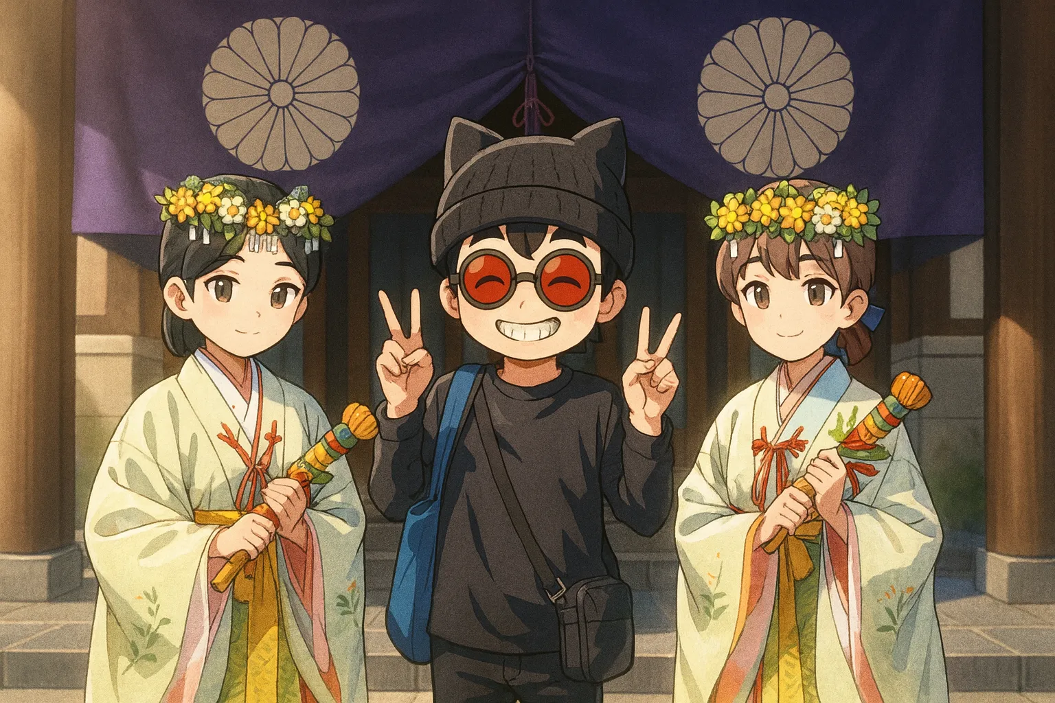 「写真の説明」けんじーまんが宮崎神宮の巫女と記念写真