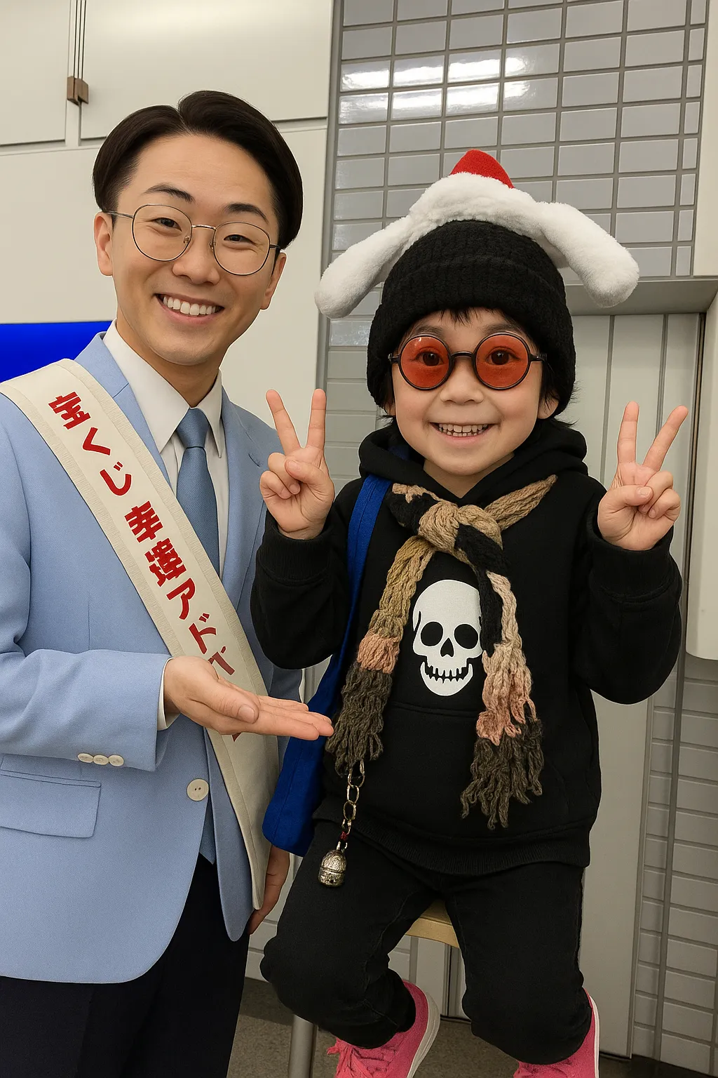 「写真の説明」宝くじ幸運のアンバサダーと記念写真