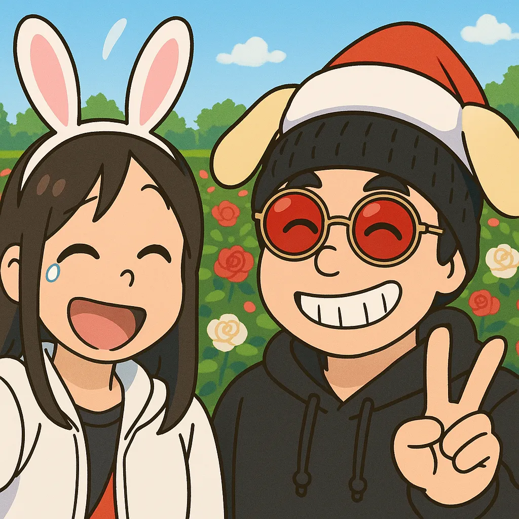 「写真の説明」バラの前でけんじーまんとぽん子のセルフィ