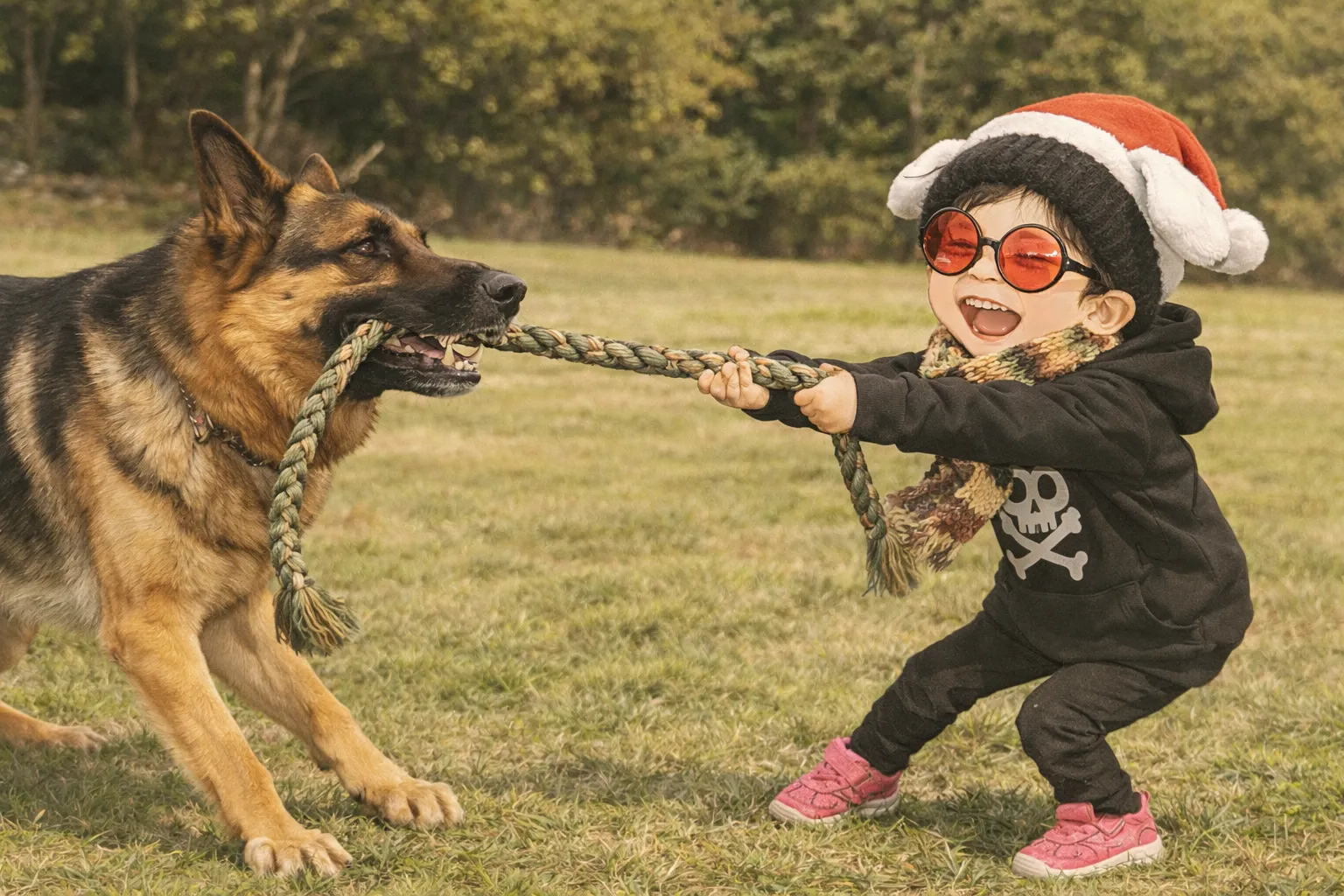 「写真の説明」シェパードと綱引きしてるけんじーまん