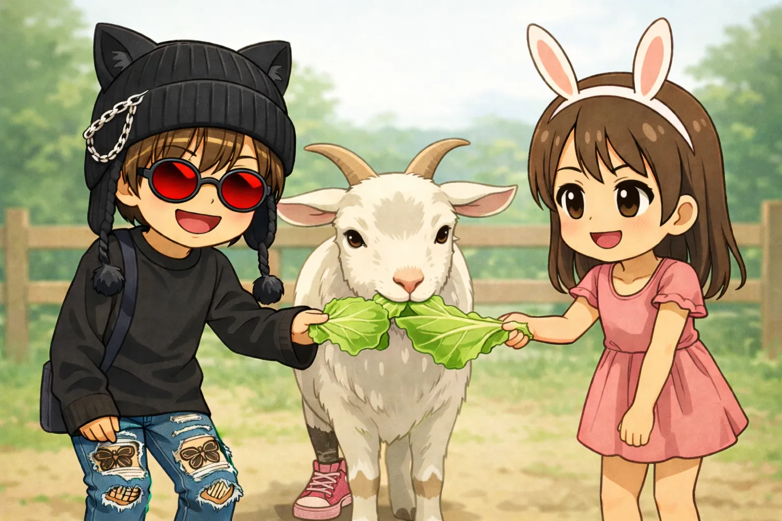 「写真の説明」ヤギにキャベツをあげるけんじーまん