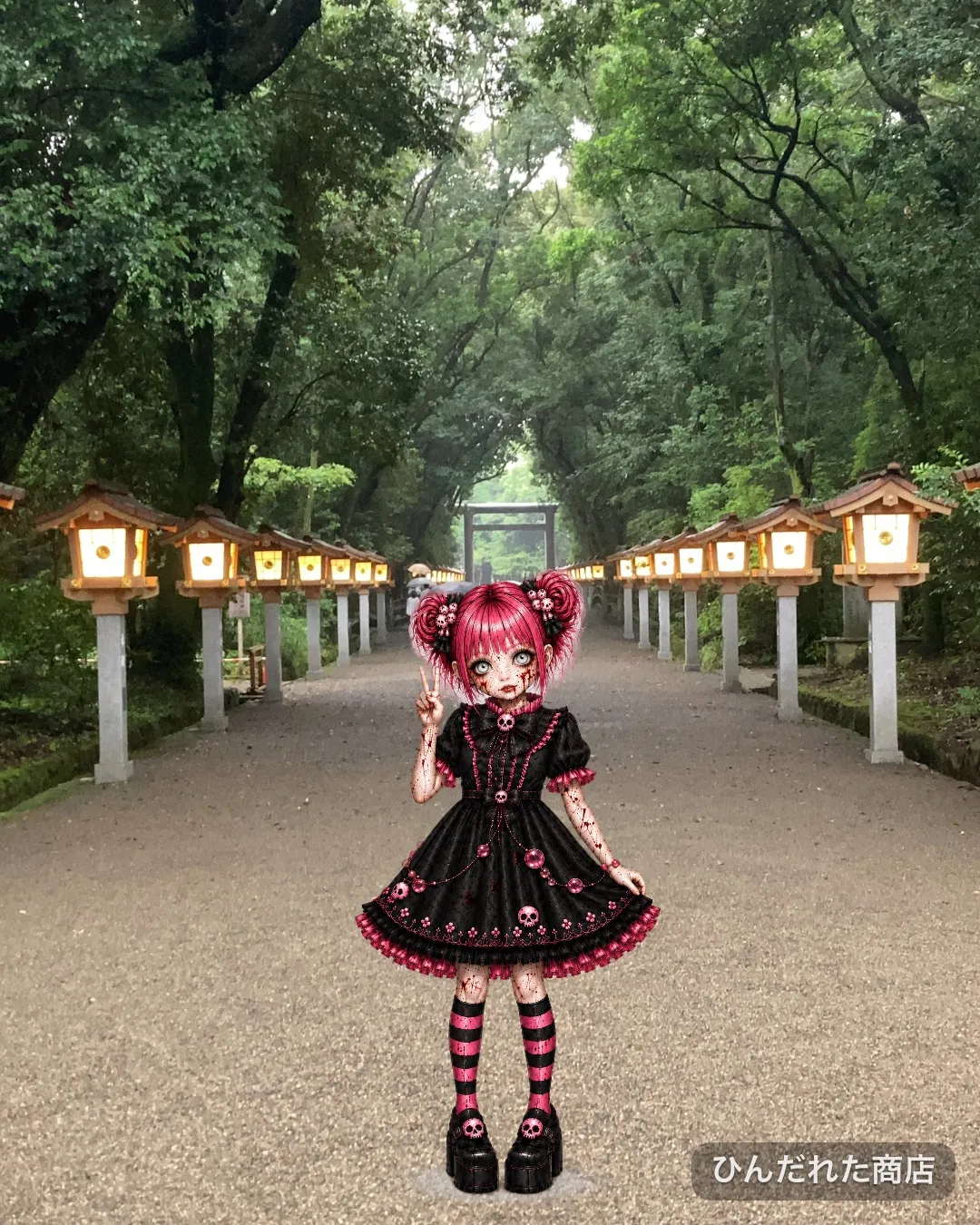 「写真の説明」宮崎神宮の参道と、ひなたゾンビの写真