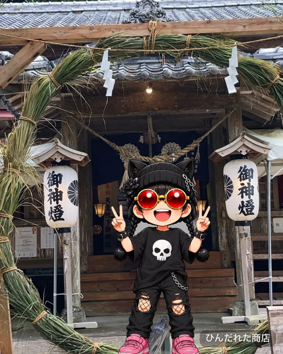 「写真の説明」奈古神社と茅の輪とけんじーまんの写真